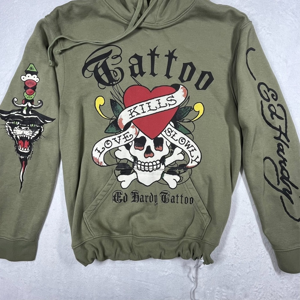 Ed Hardy Hoodie Mens Medium Olive Green Tattoo Graphic Love Kills Slowly *Flaws - Picture 5 of 14